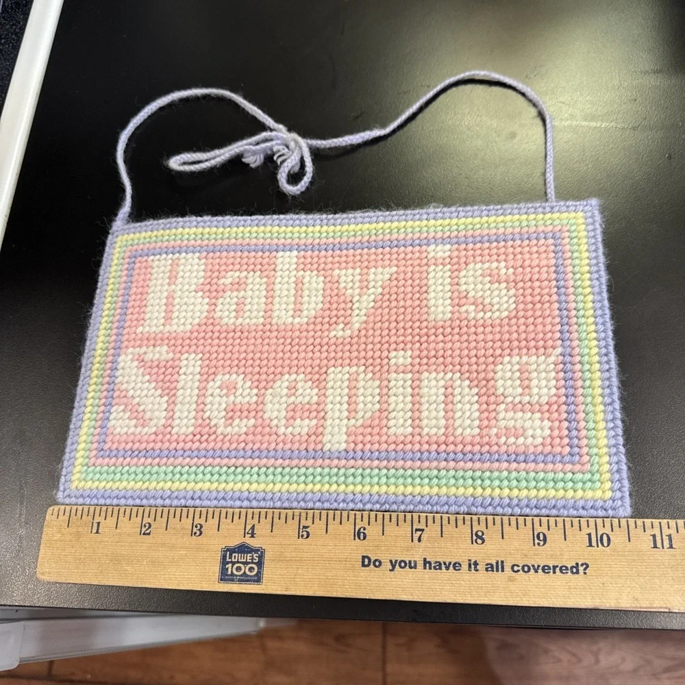 Vintage Needlepoint Handmade‎ Baby Is Sleeping Hanging Sign 70s Nursery Decor